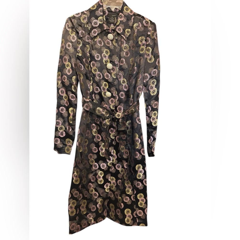 NWT Vintage WD.NY Black Floral Satin Belted Coat Rhinestone Buttons Women’s 10